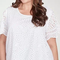 Alfred Dunner Plus Crystal Springs Womens Crew Neck Short Sleeve Blouse