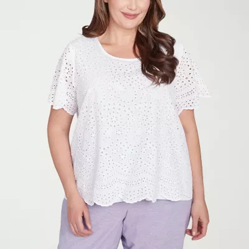 Alfred Dunner Plus Crystal Springs Womens Crew Neck Short Sleeve Blouse