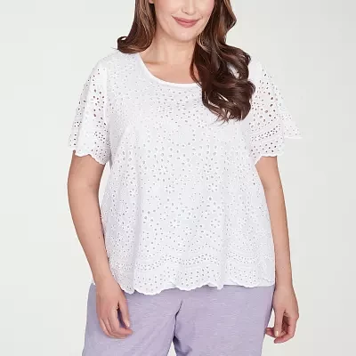 Alfred Dunner Plus Crystal Springs Womens Crew Neck Short Sleeve Blouse