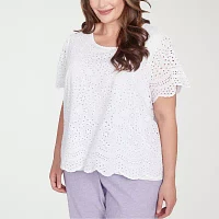 Alfred Dunner Plus Crystal Springs Womens Crew Neck Short Sleeve Blouse