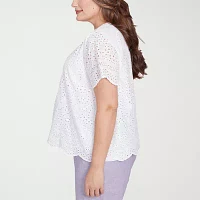Alfred Dunner Plus Crystal Springs Womens Crew Neck Short Sleeve Blouse