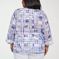 Alfred Dunner Plus Crystal Springs Womens Split Crew Neck 3/4 Sleeve Blouse