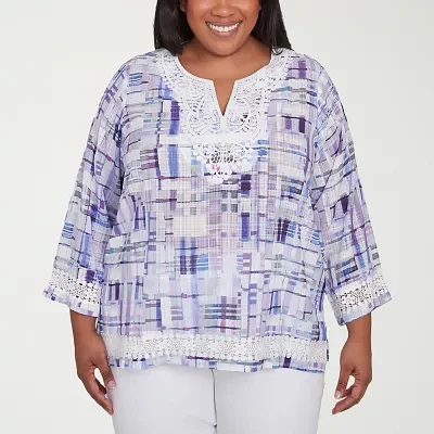 Alfred Dunner Plus Crystal Springs Womens Split Crew Neck 3/4 Sleeve Blouse