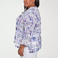Alfred Dunner Plus Crystal Springs Womens Split Crew Neck 3/4 Sleeve Blouse