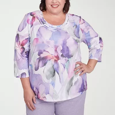 Alfred Dunner Crystal Springs Womens Plus Crew Neck 3/4 Sleeve T-Shirt