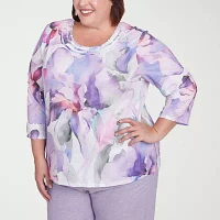 Alfred Dunner Crystal Springs Womens Plus Crew Neck 3/4 Sleeve T-Shirt