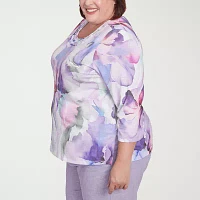 Alfred Dunner Crystal Springs Womens Plus Crew Neck 3/4 Sleeve T-Shirt