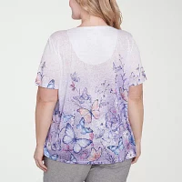 Alfred Dunner Crystal Springs Womens Plus V Neck Short Sleeve T-Shirt