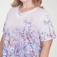 Alfred Dunner Crystal Springs Womens Plus V Neck Short Sleeve T-Shirt