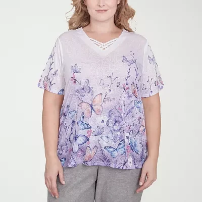 Alfred Dunner Crystal Springs Womens Plus V Neck Short Sleeve T-Shirt