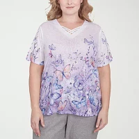 Alfred Dunner Crystal Springs Womens Plus V Neck Short Sleeve T-Shirt