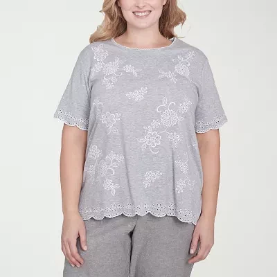 Alfred Dunner Crystal Springs Womens Plus Crew Neck Short Sleeve T-Shirt