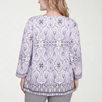 Alfred Dunner Crystal Springs Womens Plus Square Neck 3/4 Sleeve Stretch Fabric T-Shirt