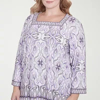 Alfred Dunner Crystal Springs Womens Plus Square Neck 3/4 Sleeve Stretch Fabric T-Shirt