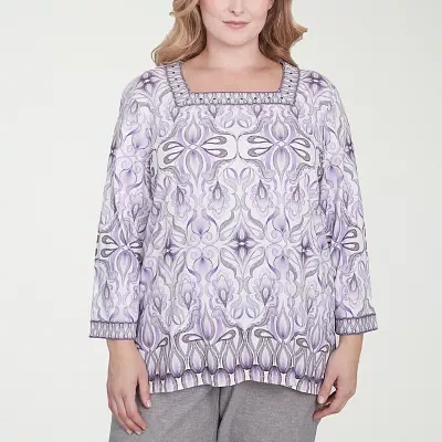 Alfred Dunner Crystal Springs Womens Plus Square Neck 3/4 Sleeve Stretch Fabric T-Shirt