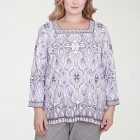 Alfred Dunner Crystal Springs Womens Plus Square Neck 3/4 Sleeve Stretch Fabric T-Shirt