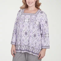 Alfred Dunner Crystal Springs Womens Plus Square Neck 3/4 Sleeve Stretch Fabric T-Shirt