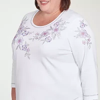 Alfred Dunner Crystal Springs Womens Plus Crew Neck 3/4 Sleeve T-Shirt