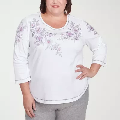Alfred Dunner Crystal Springs Womens Plus Crew Neck 3/4 Sleeve T-Shirt