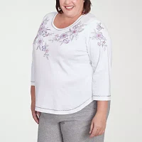 Alfred Dunner Crystal Springs Womens Plus Crew Neck 3/4 Sleeve T-Shirt