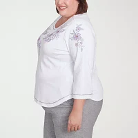 Alfred Dunner Crystal Springs Womens Plus Crew Neck 3/4 Sleeve T-Shirt