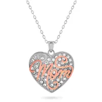 "Mom" Womens White Crystal 18K Rose Gold Over Silver Sterling Silver Heart Pendant Necklace