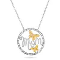 Mom Womens White Crystal 18K Gold Over Silver Sterling Silver Round Pendant Necklace