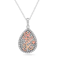 "Mom" Womens White Crystal 18K Rose Gold Over Silver Sterling Silver Pear Pendant Necklace