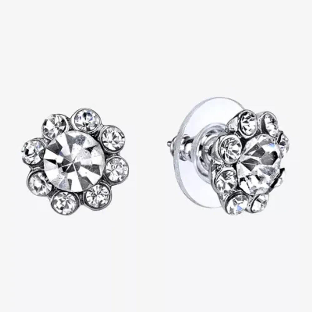 1928 Silver Tone Crystal 1/2 Inch Flower Stud Earrings