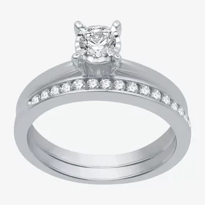 Women's 1/2 CT.T.W. Natural Diamond Round Miracle Plate Solitaire Ring and Channel Band Bridal Set 10K Gold