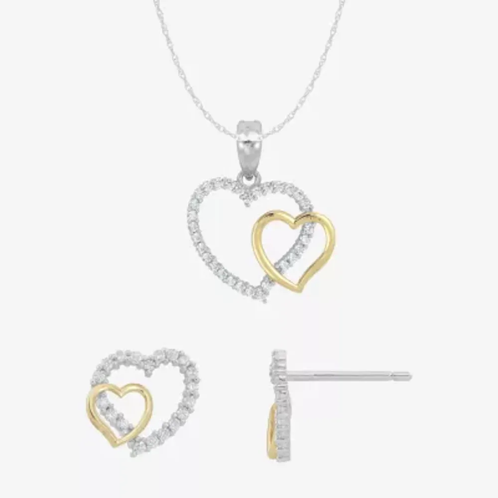 White Cubic Zirconia 10K Gold Sterling Silver Heart 2-pc. Jewelry Set