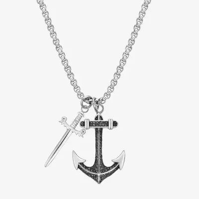 Mens 2 CT. T.W. Black Cubic Zirconia Stainless Steel Anchor & Sword Pendant Necklace