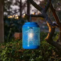 Glitzhome 8.75" Blue Metal Cutout Hanging Outdoor Lantern