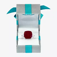 Effy  Womens Lab Created Red Ruby and 1/5 CT.T.W Grown Diamond 14K White Gold Cushion Cocktail Ring