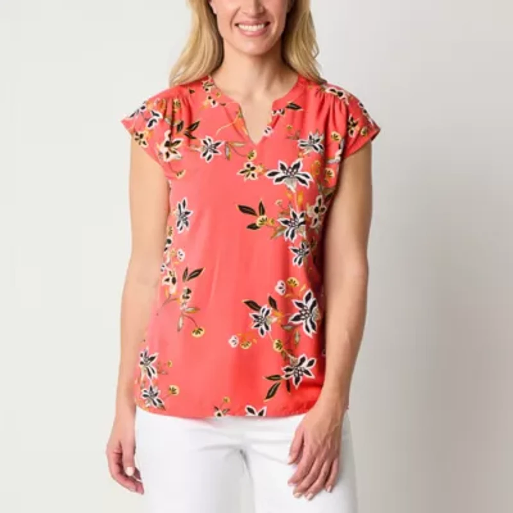 Liz Claiborne Womens Split Crew Neck Short Sleeve Blouse