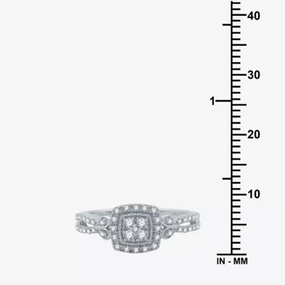 Promise My Love Womens 1/4 CT. T.W. Natural White Diamond Sterling Silver Cushion Side Stone Halo Ring