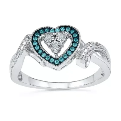 Womens 1/10 CT. T.W. Natural Blue Diamond Sterling Silver Heart Halo Cocktail Ring