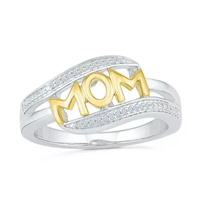 "Mom" Womens Diamond Accent Natural White 10K Gold Over Silver Cocktail Ring