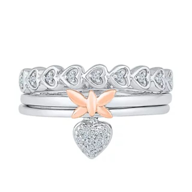 Womens 1/10 CT. T.W. Natural White Diamond 10K Gold Over Silver Butterfly Heart Ring Sets