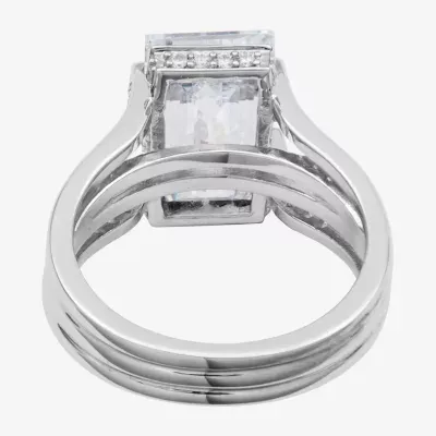 Womens Cubic Zirconia Sterling Silver Rectangular Solitaire Cocktail Ring
