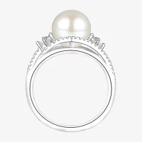 Womens 8-9MM Dyed White Cultured Freshwater Pearl Sterling Silver Halo Crossover Cocktail Ring