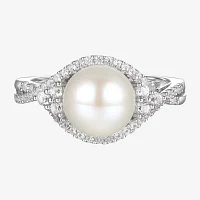 Womens 8-9MM Dyed White Cultured Freshwater Pearl Sterling Silver Halo Crossover Cocktail Ring