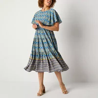 Danny & Nicole Womens Short Sleeve Bordered Midi Fit + Flare Dress