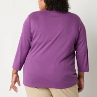 St. John's Bay Womens Plus V Neck 3/4 Sleeve T-Shirt