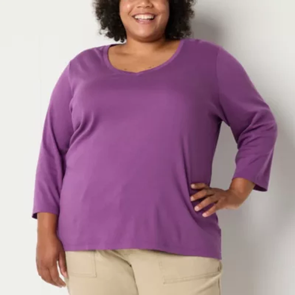 St. John's Bay Womens Plus V Neck 3/4 Sleeve T-Shirt