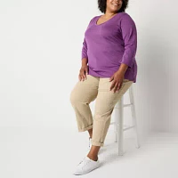 St. John's Bay Womens Plus V Neck 3/4 Sleeve T-Shirt