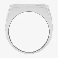 Mens White Cubic Zirconia Sterling Silver Square Fashion Ring