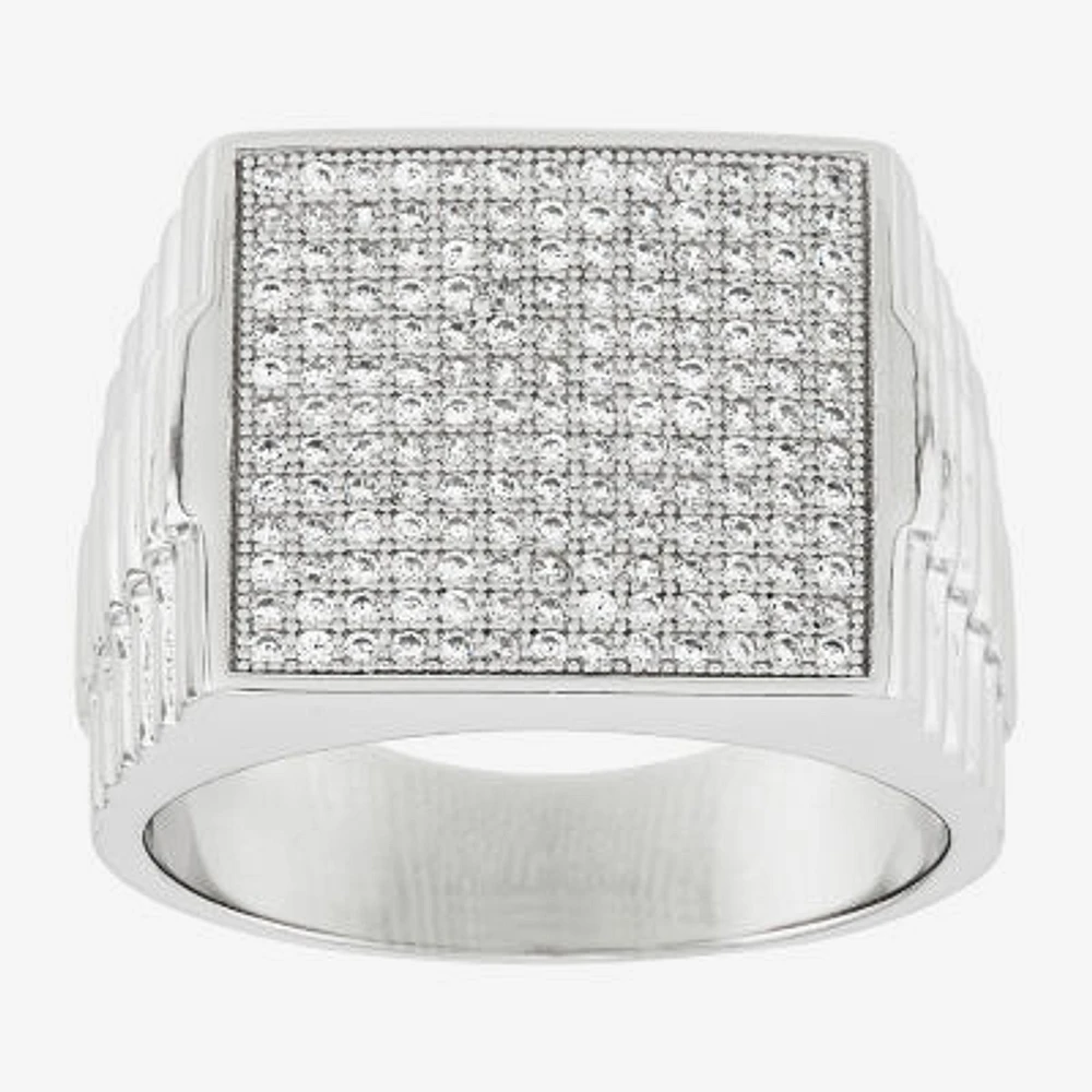 Mens White Cubic Zirconia Sterling Silver Square Fashion Ring