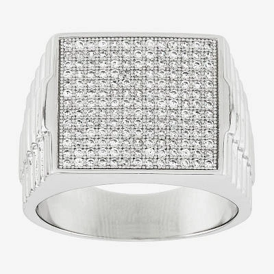Mens White Cubic Zirconia Sterling Silver Square Fashion Ring