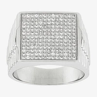 Mens White Cubic Zirconia Sterling Silver Square Fashion Ring